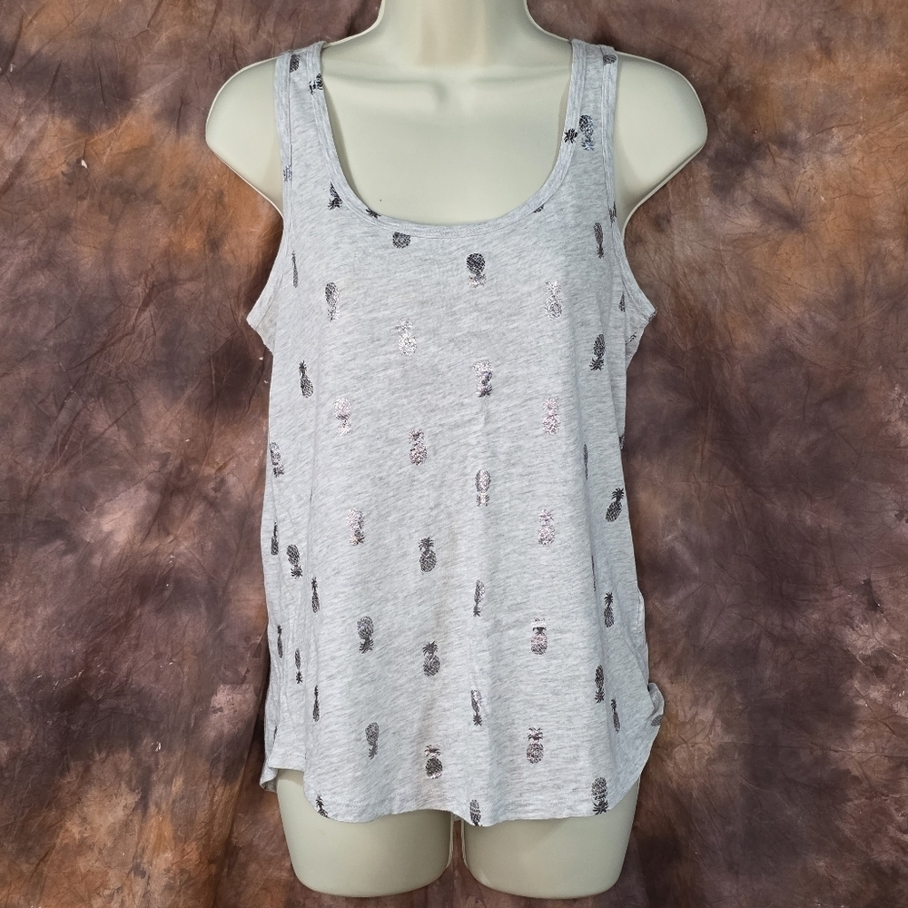 Old Navy Tank Slub Knit Gray Silver Metallic Pineapple Print S